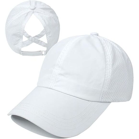 Accessories - Women's White Crises Cross Ponytail Adjustable High Messy Bun Baseball Caps